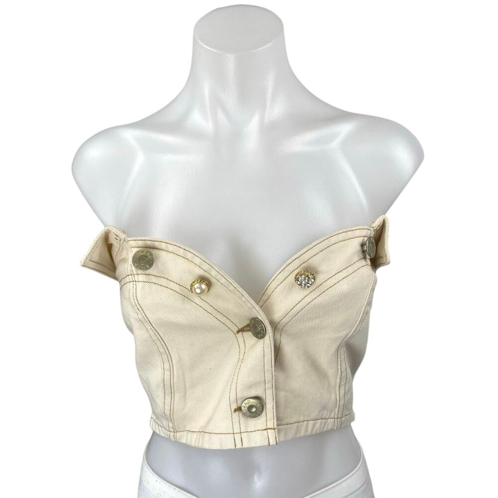 River Island Cream Jeweled Rhinestone Button Denim Corset Bandeau Crop Top Sz 10